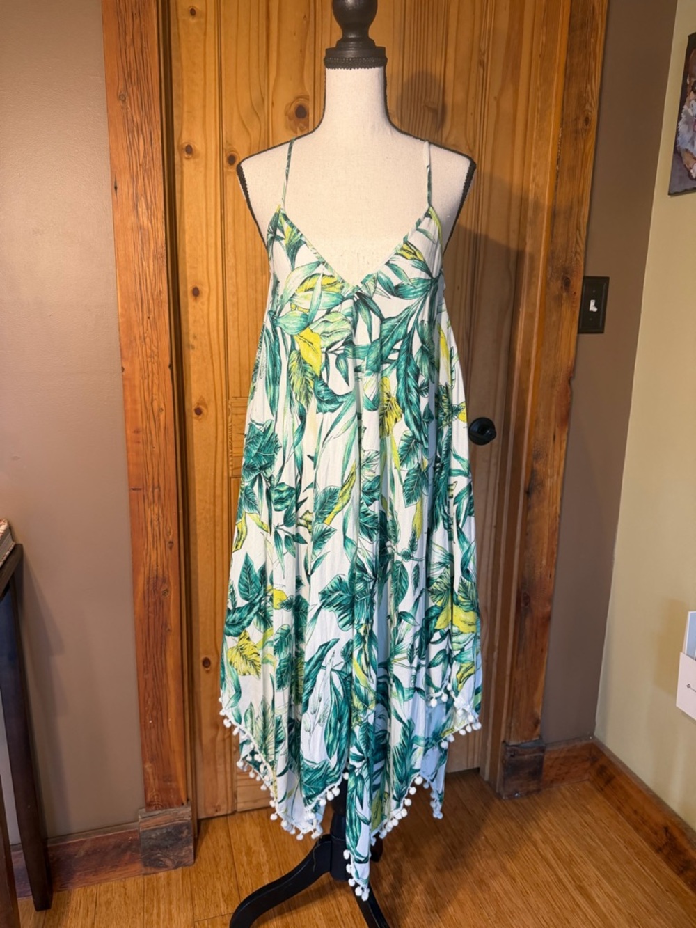 Goa Tropical Leaf Print Handkerchief Hem Coverup w/ adjustable straps